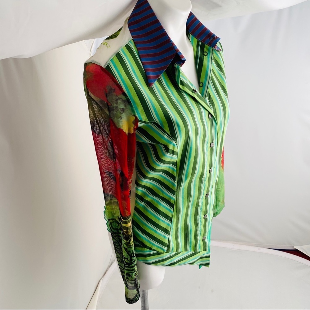 Save the Queen green multicolor stripe snap shirt S - Picture 3 of 14